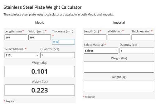 steel 316L sheet density weight calculator